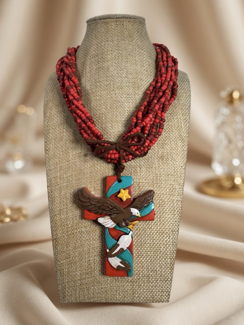 Southwestern Style Beaded Necklace Eagle Cross Pendant Red Multi Strand 16"